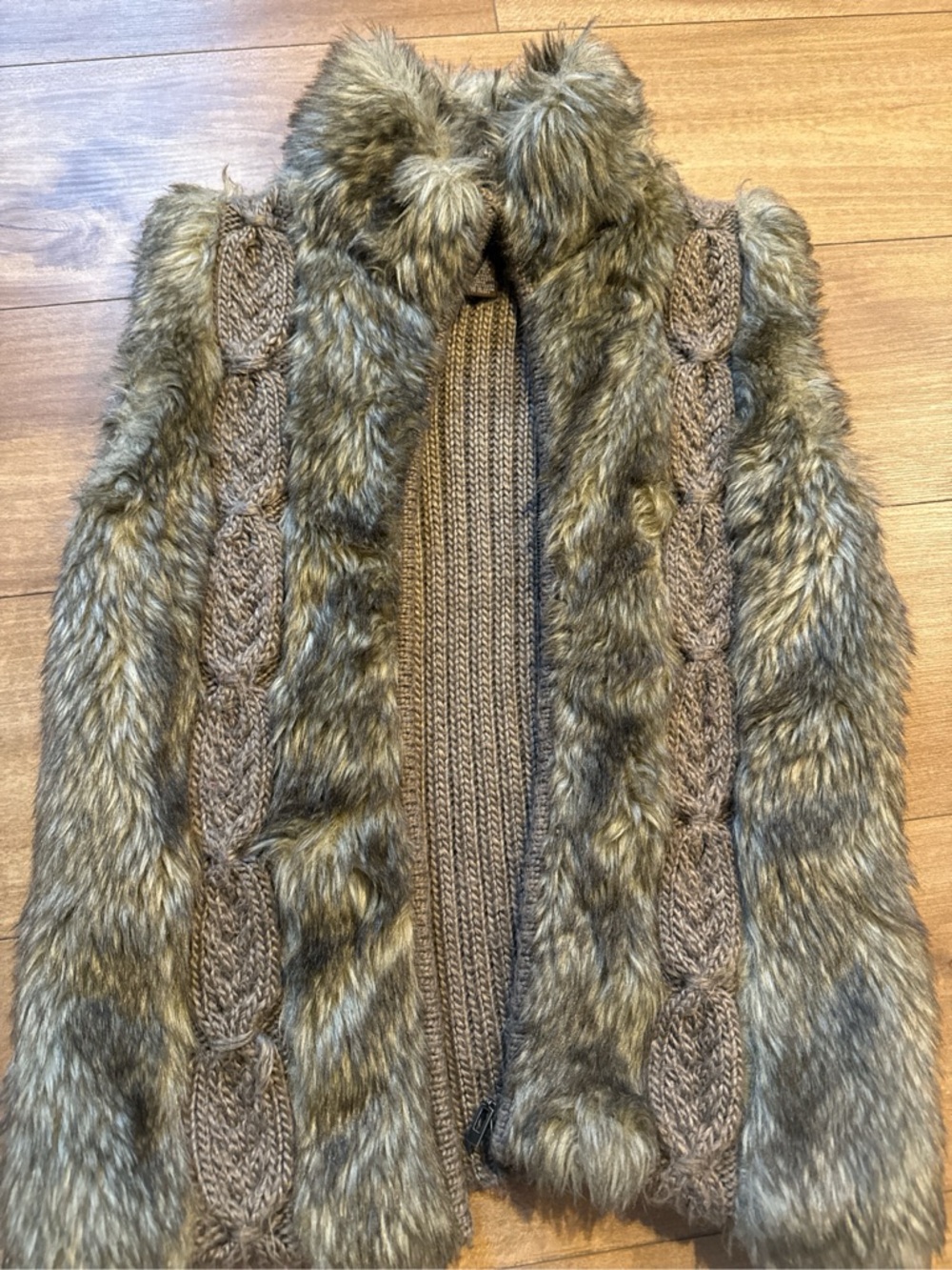 Faux Fur Knit Trim Vest in Taupe Brown